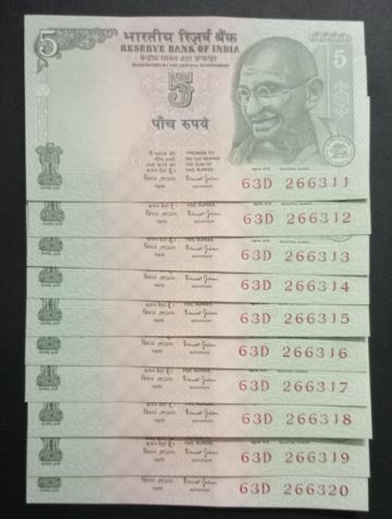 5 Rupees Governor Bimal Jalan Inset Plain (UNC) 10 Notes