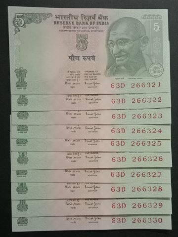 5 Rupees Governor Bimal Jalan Inset Plain (UNC) 10 Notes