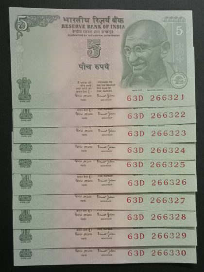 5 Rupees Governor Bimal Jalan Inset Plain (UNC) 10 Notes | Indian Postage Stamps | Indian Coins | Old Indian Currency | Rare Indian Coins | Numismatic Collection India