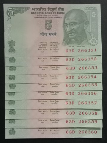 5 Rupees Governor Bimal Jalan Inset Plain (UNC) 10 Notes