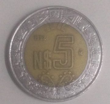 MEXICO 5 DOLLAR 1992(used)