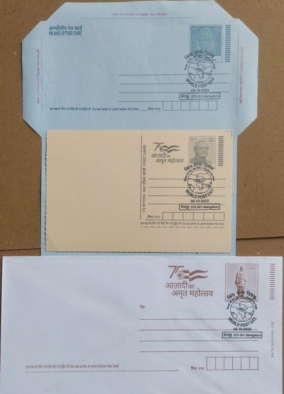 World Post Day (Mangaluru) Special cancellation on Postal stationary Envolope Inland letter & Postcard Released on 09-10-2023