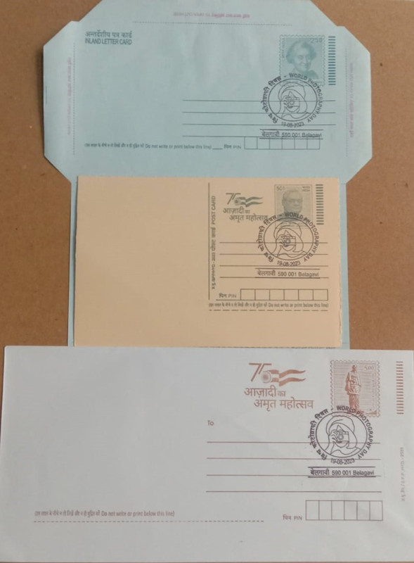 World Photo Graphy Day(Belagavi) Special cancellation on Postal stationary Envolope Inland letter & Postcard Released on 19-08-2023