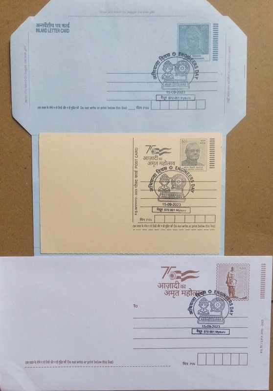 Engineers Day (Mysuru) Special Cancellation On Postal Stationary Envelope Inland Letter & Postcard Released On 15-09-2023