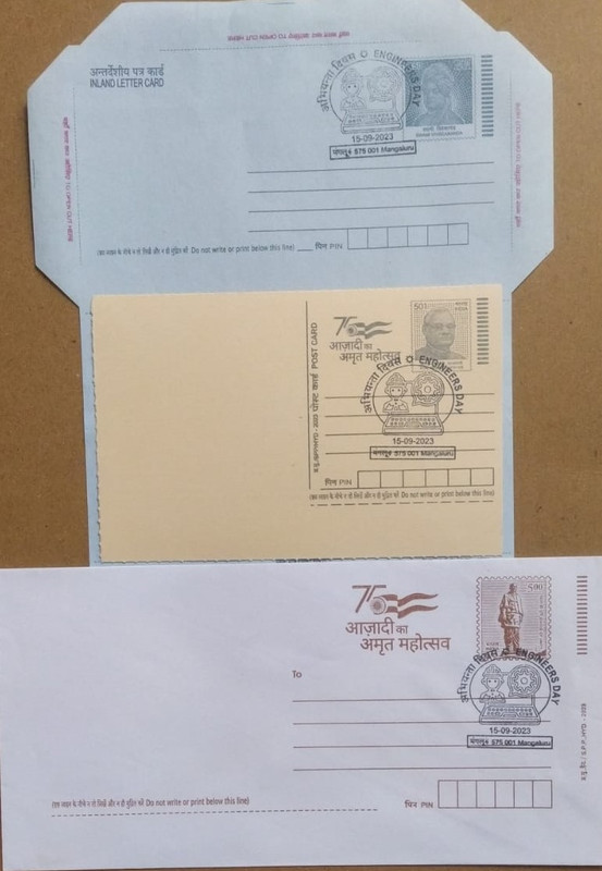 Engineers Day (Mangaluru) Special Cancellation On Postal Stationary Envelope Inland Letter & Postcard Released On 15-09-2023