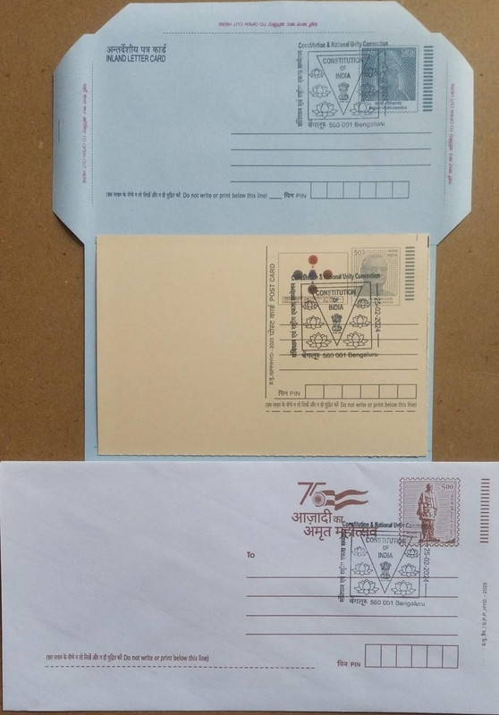 Constitution & National Unity Convention OF India Bengaluru Special cancellation on Postal stationary Envelope Inland letter & Postcard Released on 25-02-2024