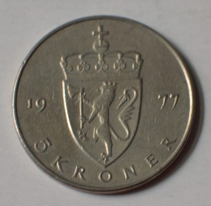 NORWAY_5 KRONER_1977 (used) | Indian Postage Stamps | Indian Coins | Old Indian Currency | Rare Indian Coins | Numismatic Collection India - Image 2