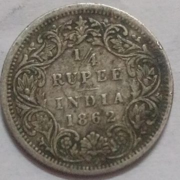 BRITISH INDIA EAST COMPANY 1/4 RUPEE 1862  -QUEEN VICTORIA -SILVER COIN