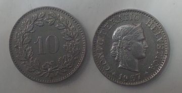 SWITZERLAND 10 Rappen 1957 Confoederatio Helvetica Coin(used)