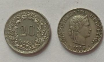 SWITZERLAND 20 Rappen1943 Confoederatio Helvetica Coin (used)