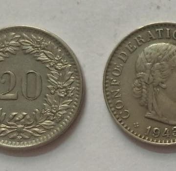 SWITZERLAND 20 Rappen1943 Confoederatio Helvetica Coin (used)