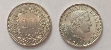 SWITZERLAND 20 Rappan 2009 Confoedertio Helvetica Coin (used)