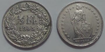 SWITZERLAND Half Fr 1945 Helvetia Coin (used)