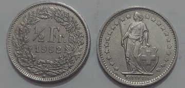 SWITZERLAND Half Fr. 1992 Helvetia Coin (used)
