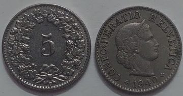 SWITZERLAND 5 Rappen1940 Coin (used)