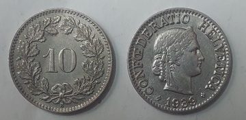 SWITZERLAND 10 Rappen 1939 Confoederatio Helvetica Coin(used)