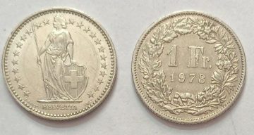 SWITZERLAND 1 France 1978 Confoedertio Helvetica Coin (used)