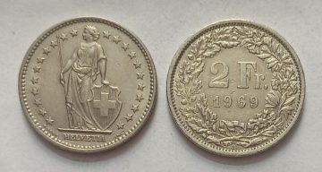 SWITZERLAND 2 France 1969 Confoedertio Helvetica Coin (used)