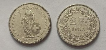SWITZERLAND 2 France 1994 Confoedertio Helvetica Coin (used)