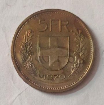 SWITZERLAND 5 France 1970 Confoedertio Helvetica Coin (used)