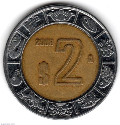 MEXICO 2 DOLLAR 2008(used) | Indian Postage Stamps | Indian Coins | Old Indian Currency | Rare Indian Coins | Numismatic Collection India