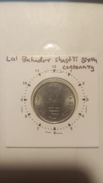 5 Rupees - Lal Bahadur Shastri Birth Centenary-HYDERABAD MINT 12.30 ROTATION ERROR COIN USED