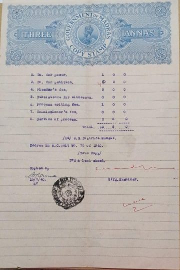 British India King George V 3 Annas Stamp Paper-Government of Madras