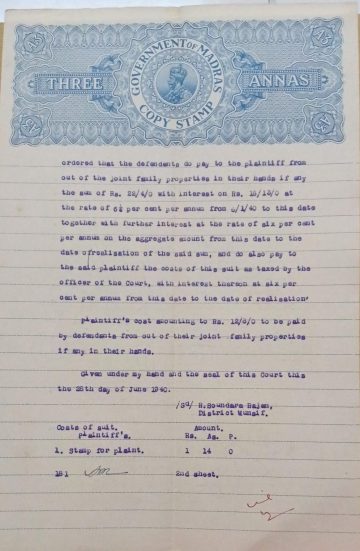 British India King George V 3 Annas Stamp Paper-Government of Madras