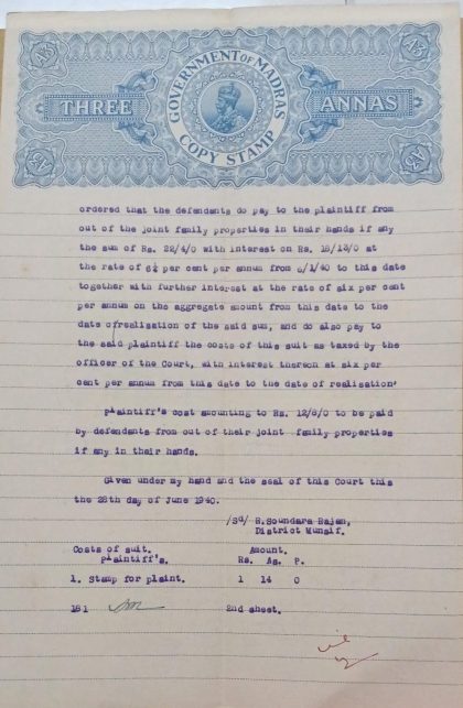 British India King George V 3 Annas Stamp Paper -Government of Madras