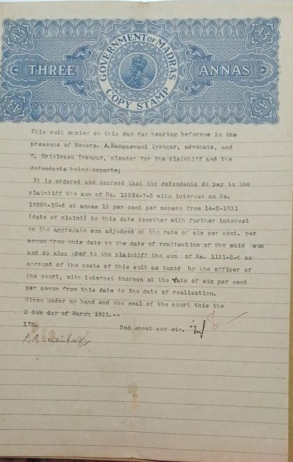 British India King George V 3 Annas Stamp Paper -Government of Madras
