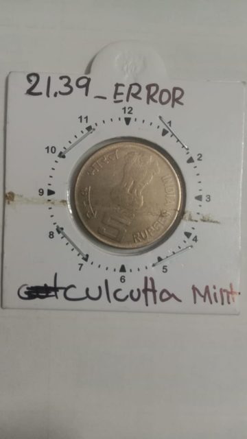 5 Rupees - Income Tax CALCUTTA MINT 1 O'CLOCK ROTATION ERROR COIN USED