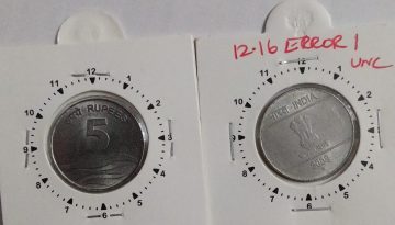 5 RUPEES 2008 HYDERABAD MINT 11'O CLOCK ROTATION ERROR COIN UNC