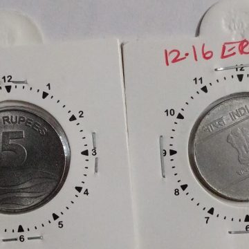 5 RUPEES 2008 HYDERABAD MINT 11'O CLOCK ROTATION ERROR COIN UNC