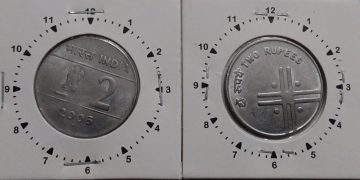 2 RUPEES 2006 HYDERABAD MINT 12.5 ROTATION ERROR COIN UNC