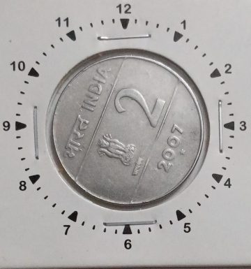 2 RUPEES 2007 HYDERABAD MINT 9 O' CLOCK ROTATION ERROR COIN UNC