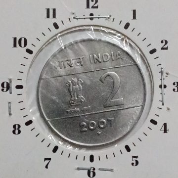 2 RUPEES 2007 HYDERABAD MINT 11 O'CLOCK ROTATION ERROR COIN UNC
