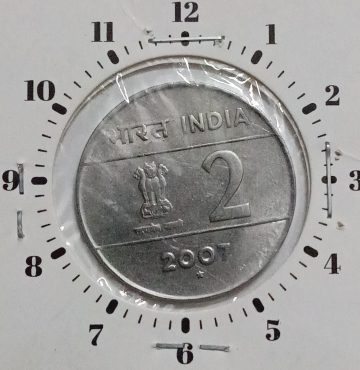 2 RUPEES 2007 HYDERABAD MINT 11 O'CLOCK ROTATION ERROR COIN UNC