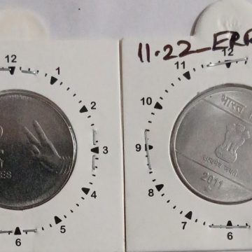2 RUPEES 2011 (MUDRA)HYDERABAD MINT 1 O'CLOCK ROTATION ERROR COIN USED