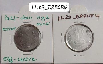 2 RUPEES 2011 HYDERABAD MINT OFF CENTRE ERROR COIN UNC