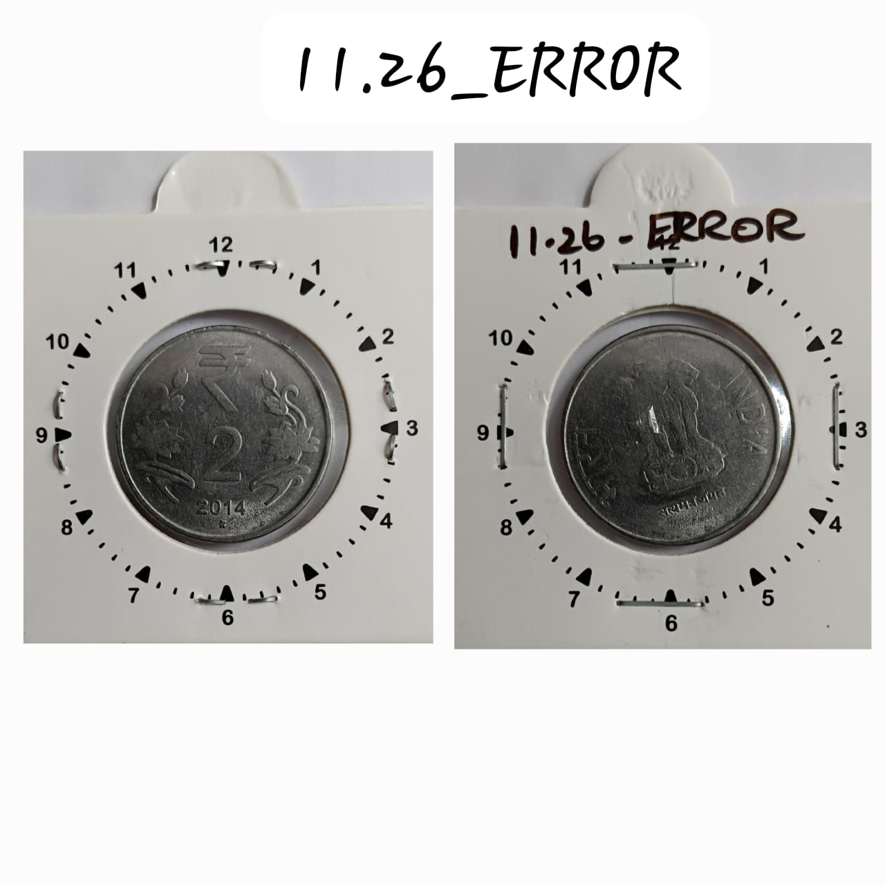 2 RUPEES 2014 HYDERABAD MINT 11 O'CLOCK ROTATION ERROR COIN USED