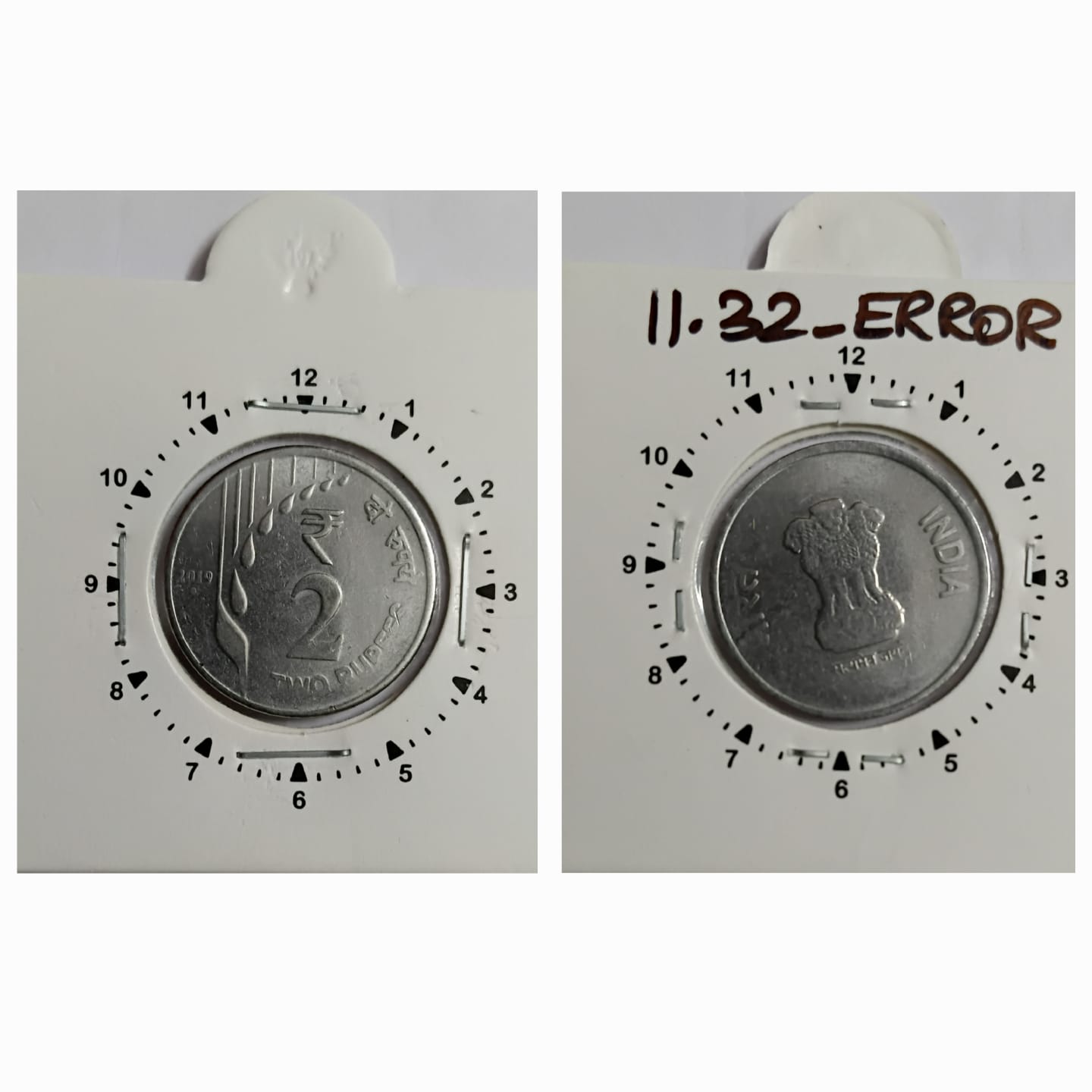 2 RUPEES 2019 NOIDA MINT 11 O'CLOCK ROTATION ERROR COIN UNC