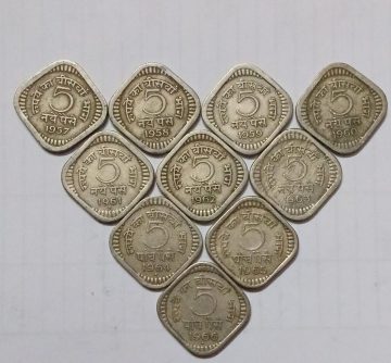 5 PAISE 1957-1966 SET OF 10 COINS USED