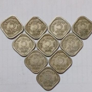 5 PAISE 1957-1966 SET OF 10 COINS USED