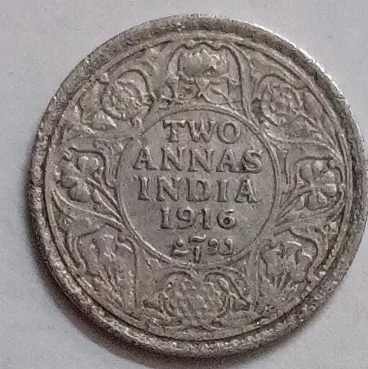 British India Coin George V 2 Annas 1916 Used SILVER Coin