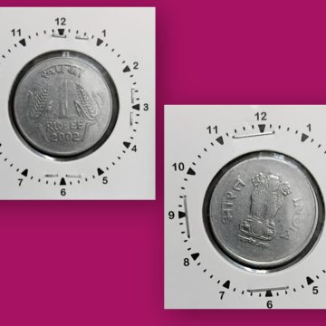 1 RUPEE-2002 CALCUTTA MINT OFF CENTRE & 1'O CLOCK  ROTATION ERROR COIN  USED