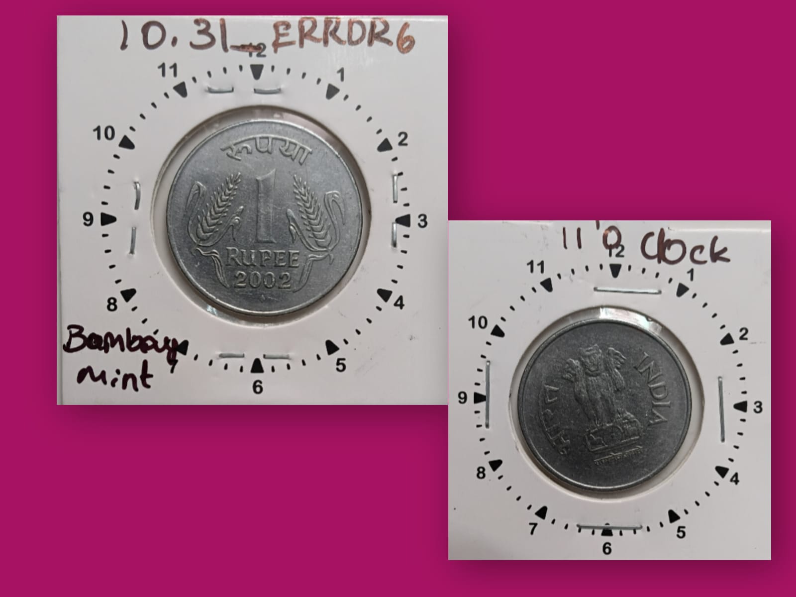 1 RUPEE-2002 BOMBAY MINT 11.00 O' CLOCK ROTATION ERROR COIN USED