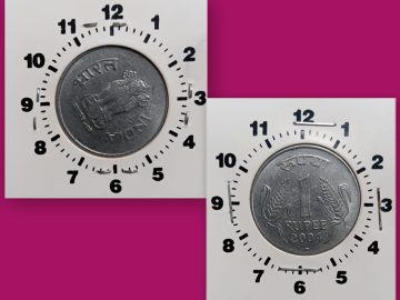 1 RUPEE 2004 HYDERABAD MINT 2 O'CLOCK ROTATION ERROR COIN USED