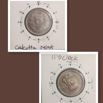 5 RUPEES-1995 CALCUTTA MINT 11.00 O'CLOCK ROTATION ERROR COIN USED