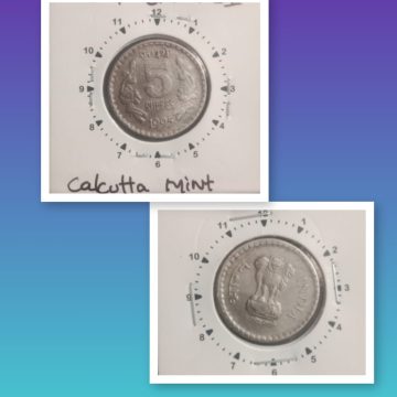 5 RUPEES-1995 CALCUTTA MINT 12.30 ROTATION ERROR COIN USED
