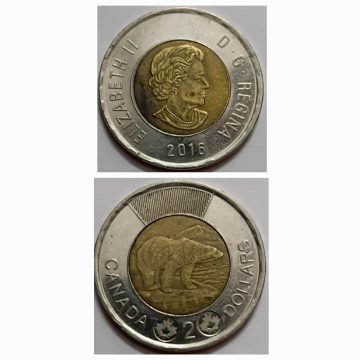 Canada Currency – 2 Dollars – 2016 – Elizabeth II D.G. Regina (Used)